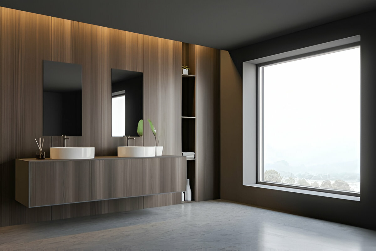 Minimalist modern bathroom with floating wood vanity, dual vessel sinks, and large picture window