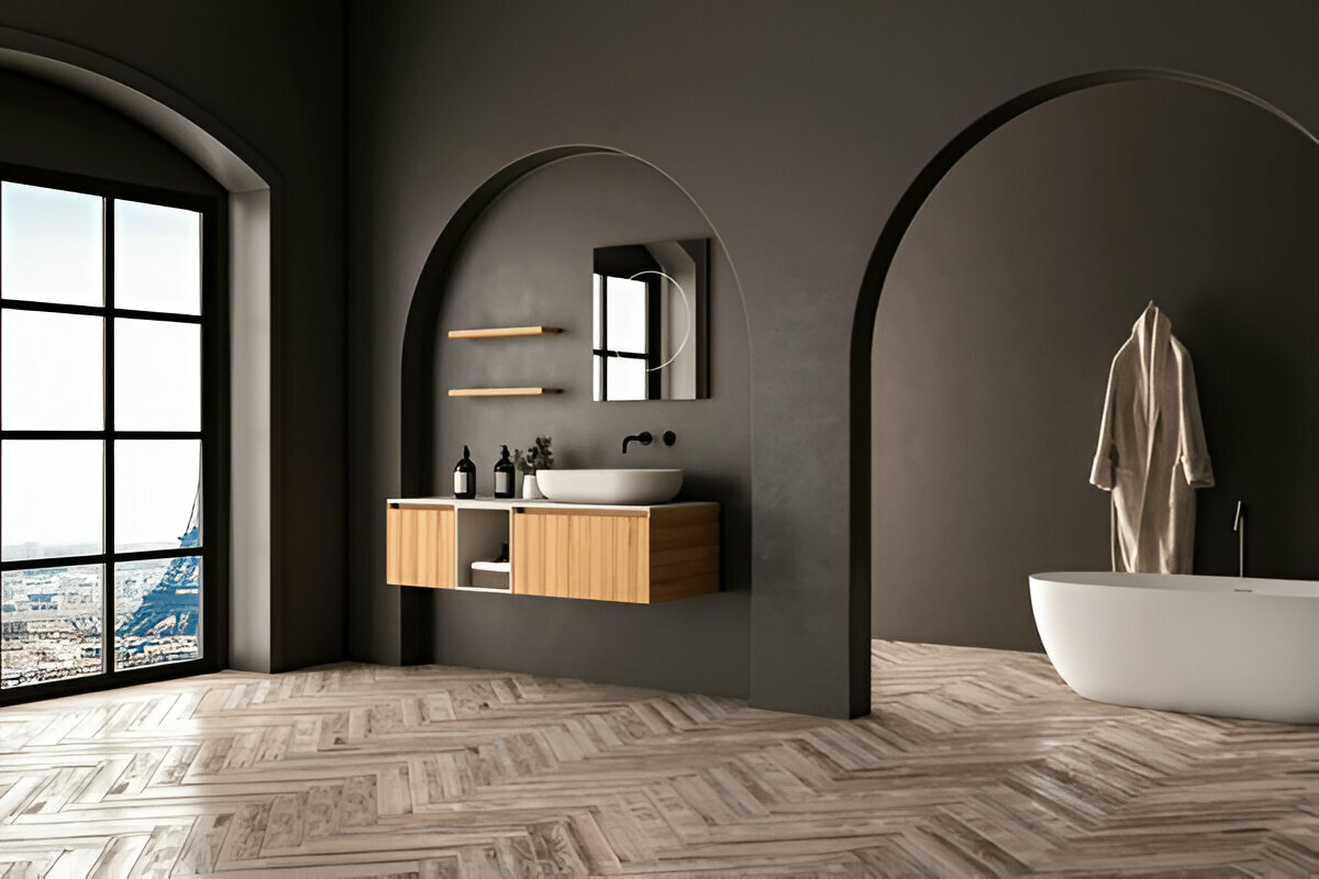 Luxury modern bathroom with arched walls, floating vanity, and freestanding bathtub.