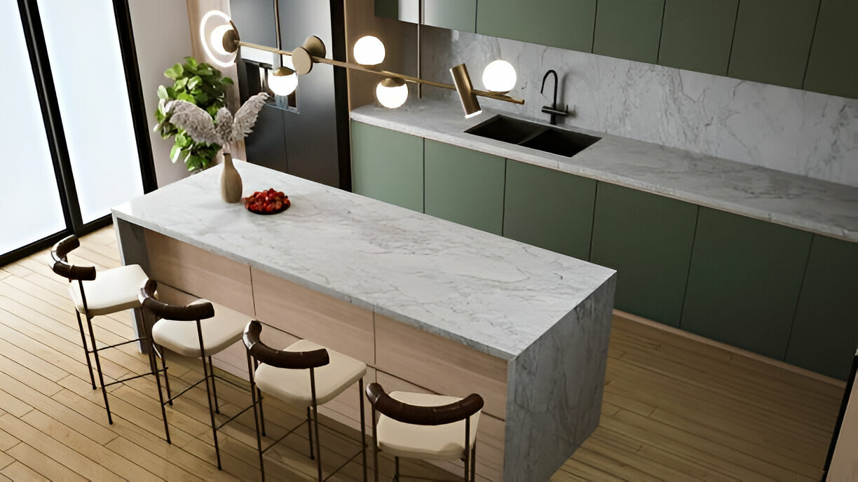 Modern minimalist kitchen featuring a marble waterfall island, soft green cabinetry, and warm wood flooring 