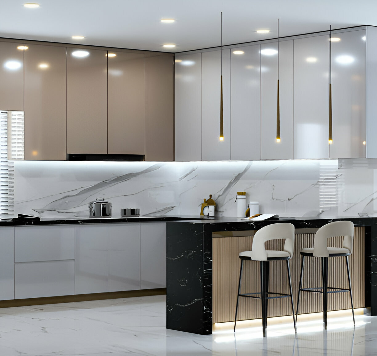 Sleek kitchen featuring high-gloss cabinets, marble backsplash, black island with bar stools, and minimal pendant lighting 