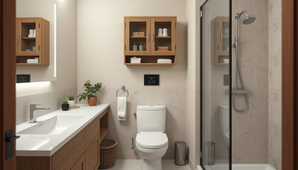 Small bathroom featuring a wooden vanity, wall-mounted cabinet, and glass shower with chrome fixtures