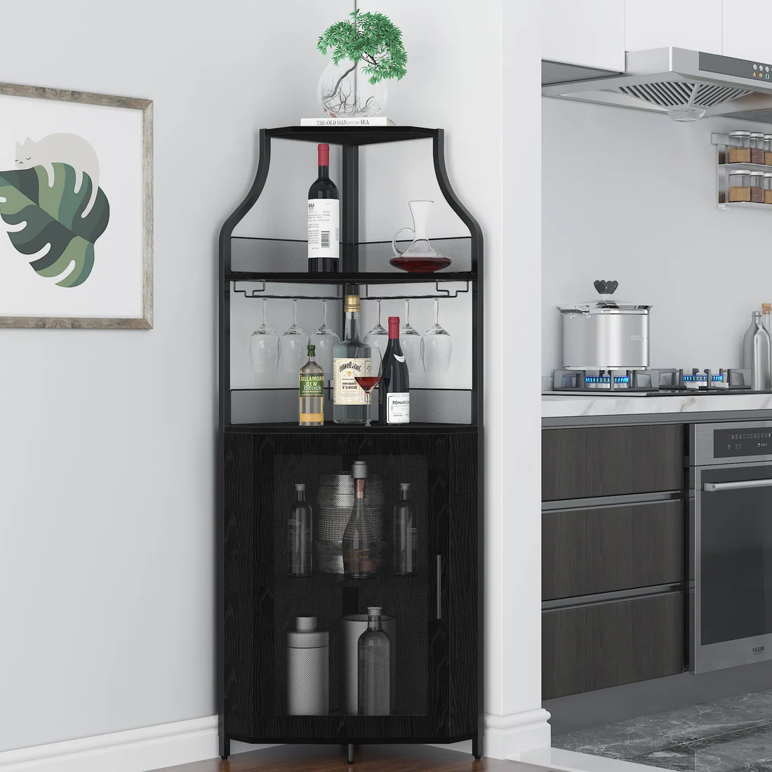 Black corner bar cabinet with wine storage and glass holders