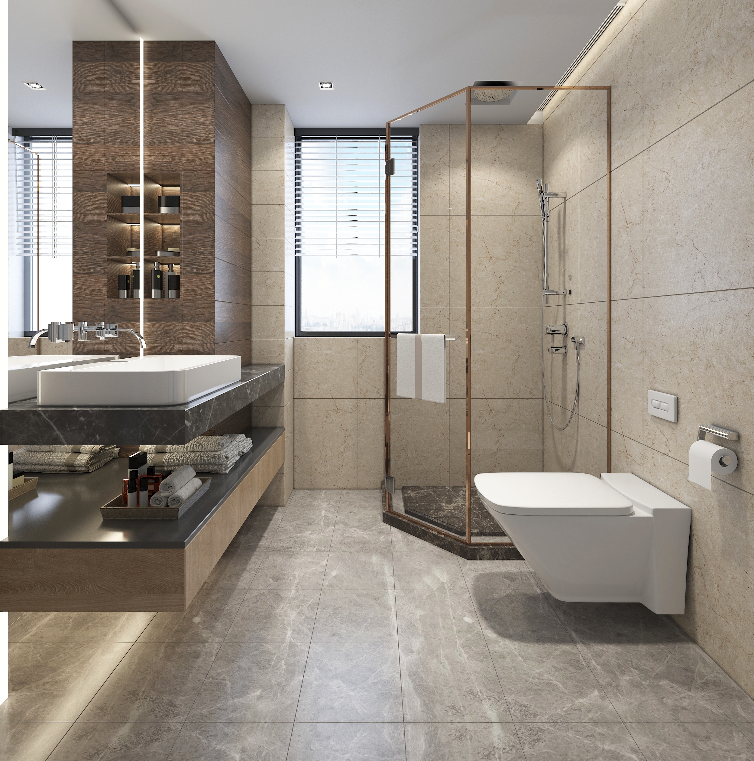 Modern bathroom featuring floating vanity with vessel sink, glass-enclosed corner shower, and wall-mounted toilet