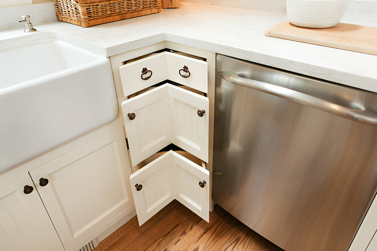 Corner kitchen drawers with angled front design