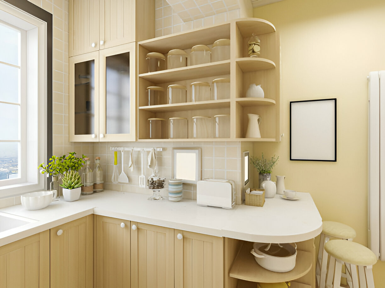 Cozy yellow kitchen with open shelving and breakfast bar
