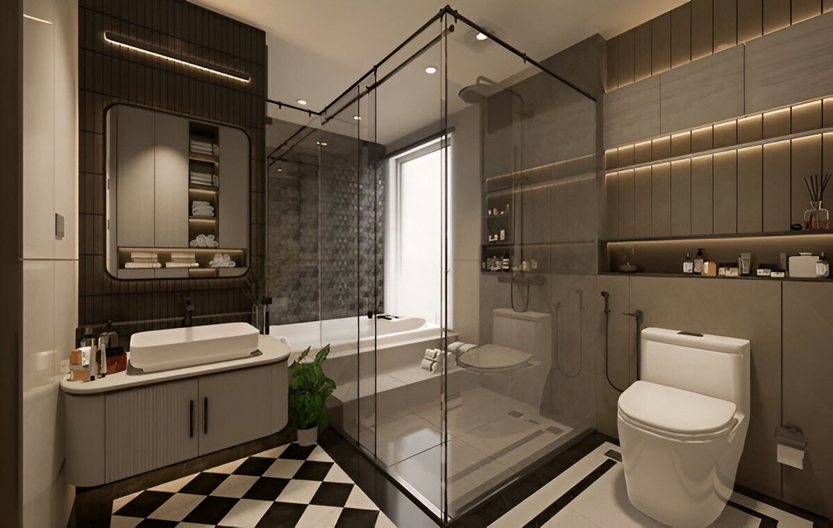 Luxurious modern bathroom with glass shower, floating vanity, and backlit walls