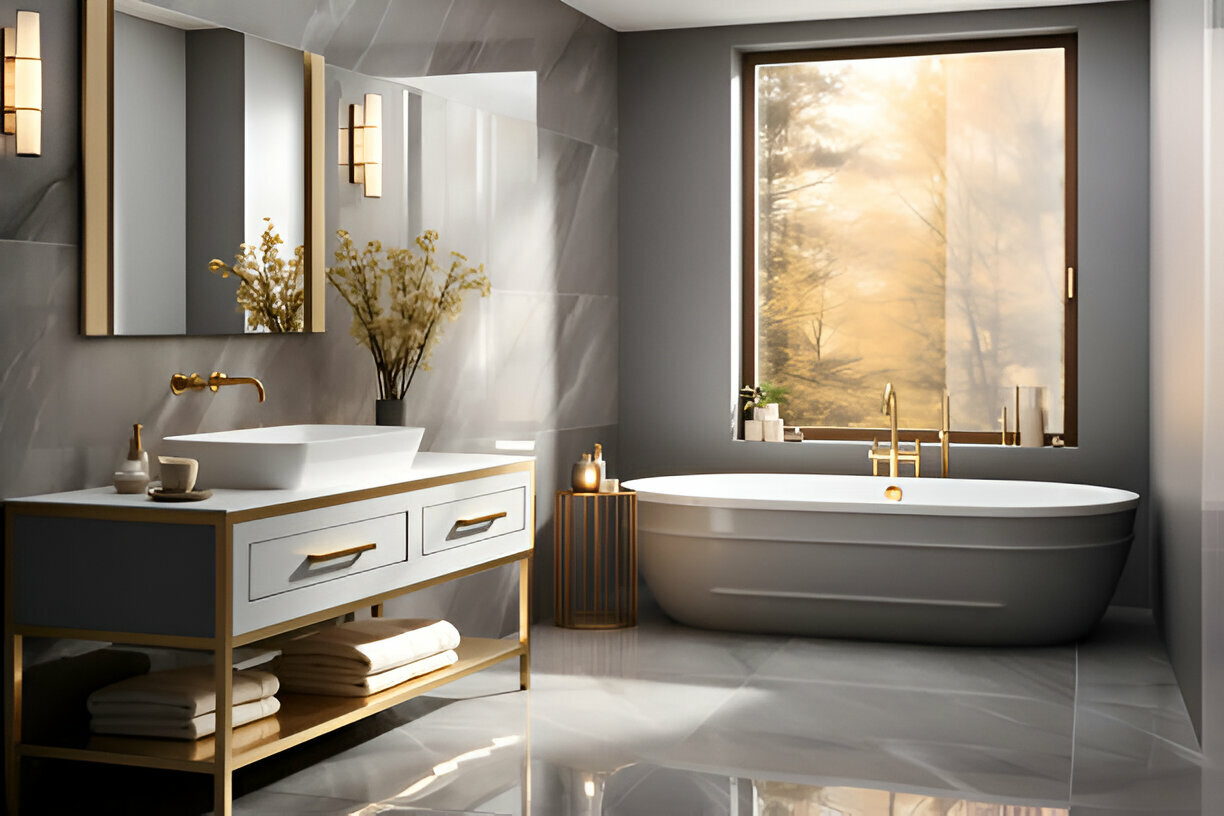 Elegant bathroom with freestanding tub, gold fixtures, and modern vanity