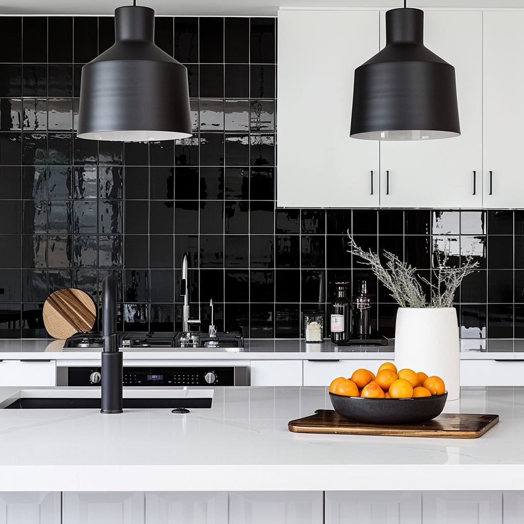 Contemporary kitchen featuring glossy black square tile backsplash, matte black pendant lights, and white cabinets with minimalist decor
