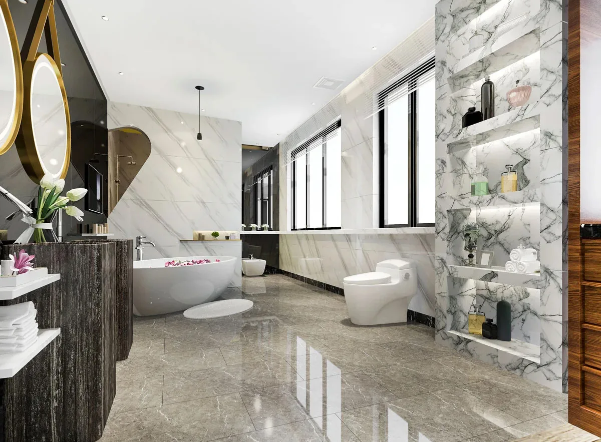 Spacious bathroom with glossy marble ceramic tiles, freestanding tub, double vanity, and built-in wall shelves