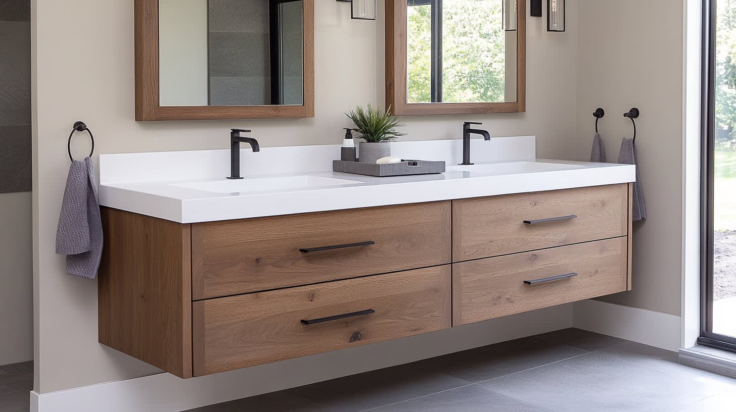 Floating bathroom vanity with natural wood drawers, white countertop, and matte black faucets