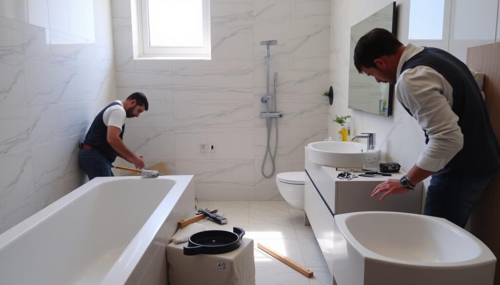 Two workers installing modern bathroom fixtures in a bright bathroom with marble wall tiles and freestanding bathtub