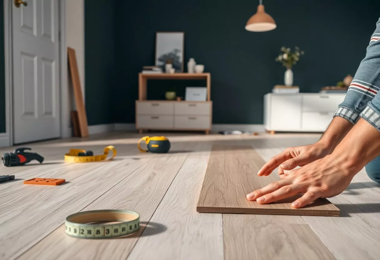 Close-up of hands installing SPC vinyl flooring with tools and measuring tape in a modern living room