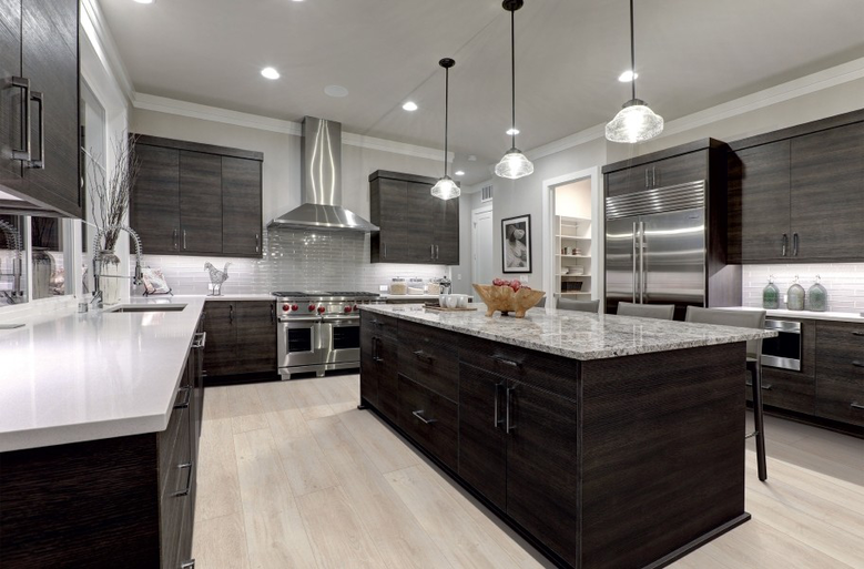 Contemporary kitchen featuring dark wood cabinets, granite countertops, light wood flooring, and stainless steel appliances.