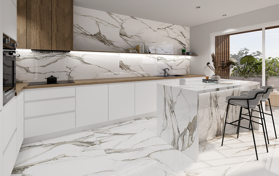 Modern kitchen featuring white and gray marble-look porcelain tiles on the floor, backsplash, and island.