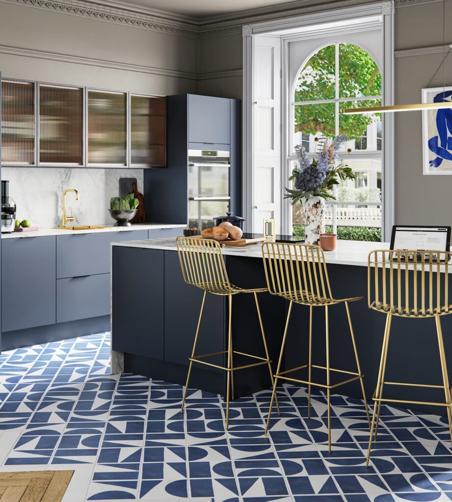 Dark metallic-finish floor tiles in a modern interior, shown from a low side angle.