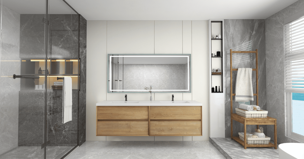 Modern bathroom with floating wood vanity, dual sinks, and large LED mirror