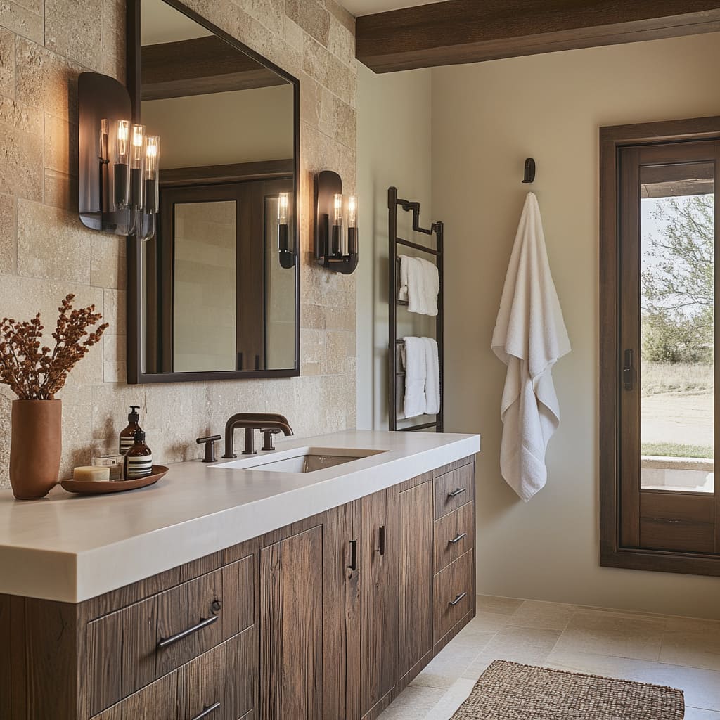 Farmhouse bathroom featuring a rustic vanity with barnwood cabinetry, black hardware, wall-mounted lights, and a large mirror