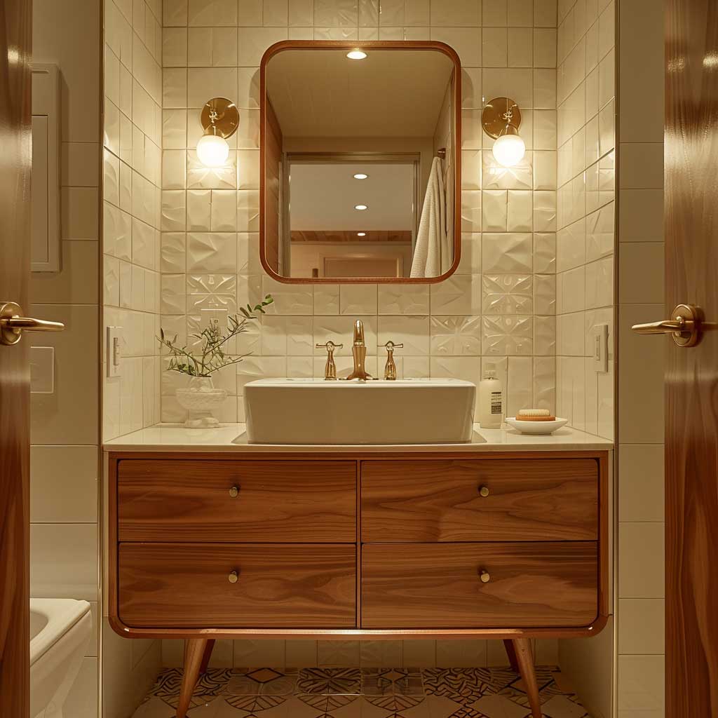 Stylish mid-century modern bathroom vanity with warm wood drawers, white vessel sink, brass fixtures, and textured tile walls