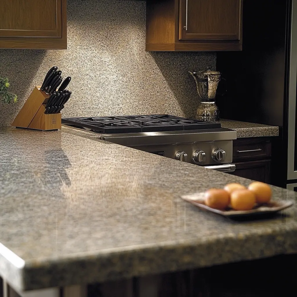 Granite kitchen countertop with knife block and stainless steel stove.