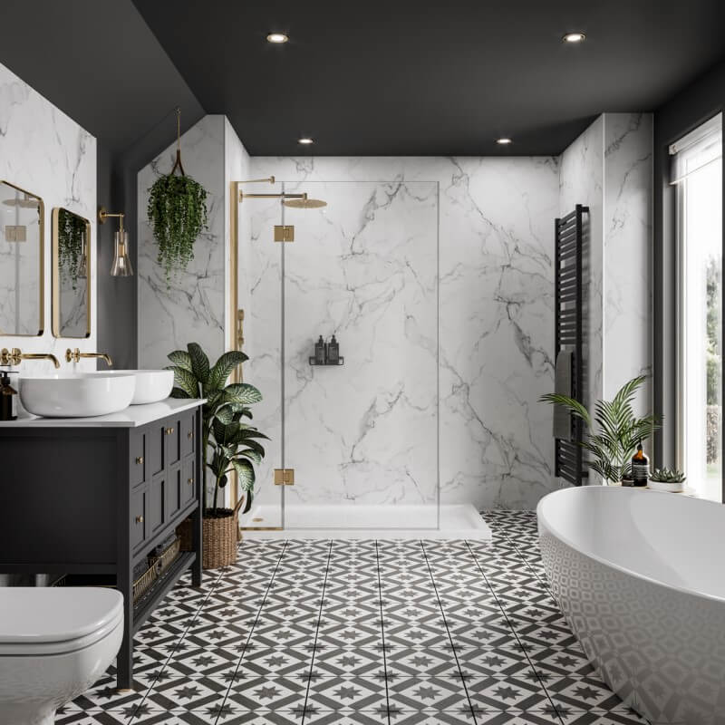 Elegant bathroom featuring white Calacatta marble walls, black and white patterned floor tiles, a freestanding bathtub, double vanity with vessel sinks, gold fixtures, and lush green plants.