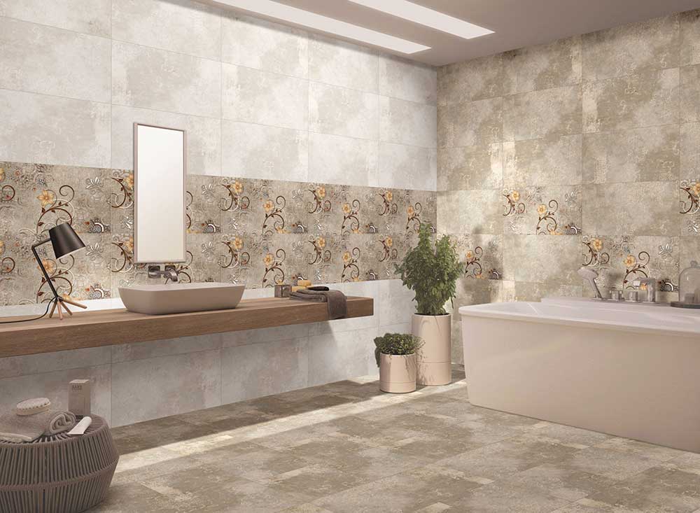 Modern bathroom with floral accent wall tiles and neutral tones.