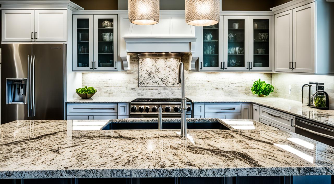 Modern kitchen with large granite countertop and stainless steel appliances