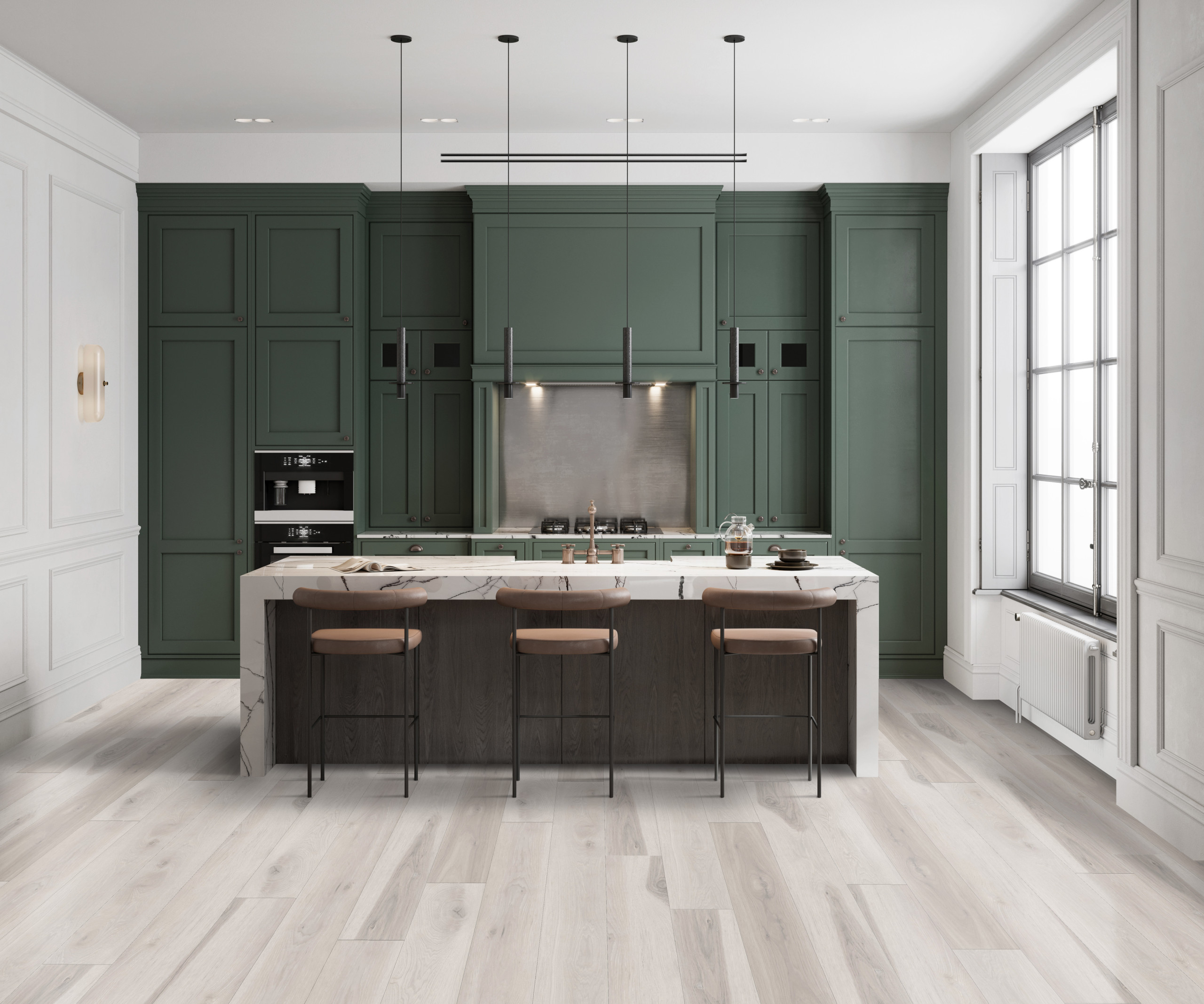 Modern kitchen with green cabinetry, marble island, and light wood flooring