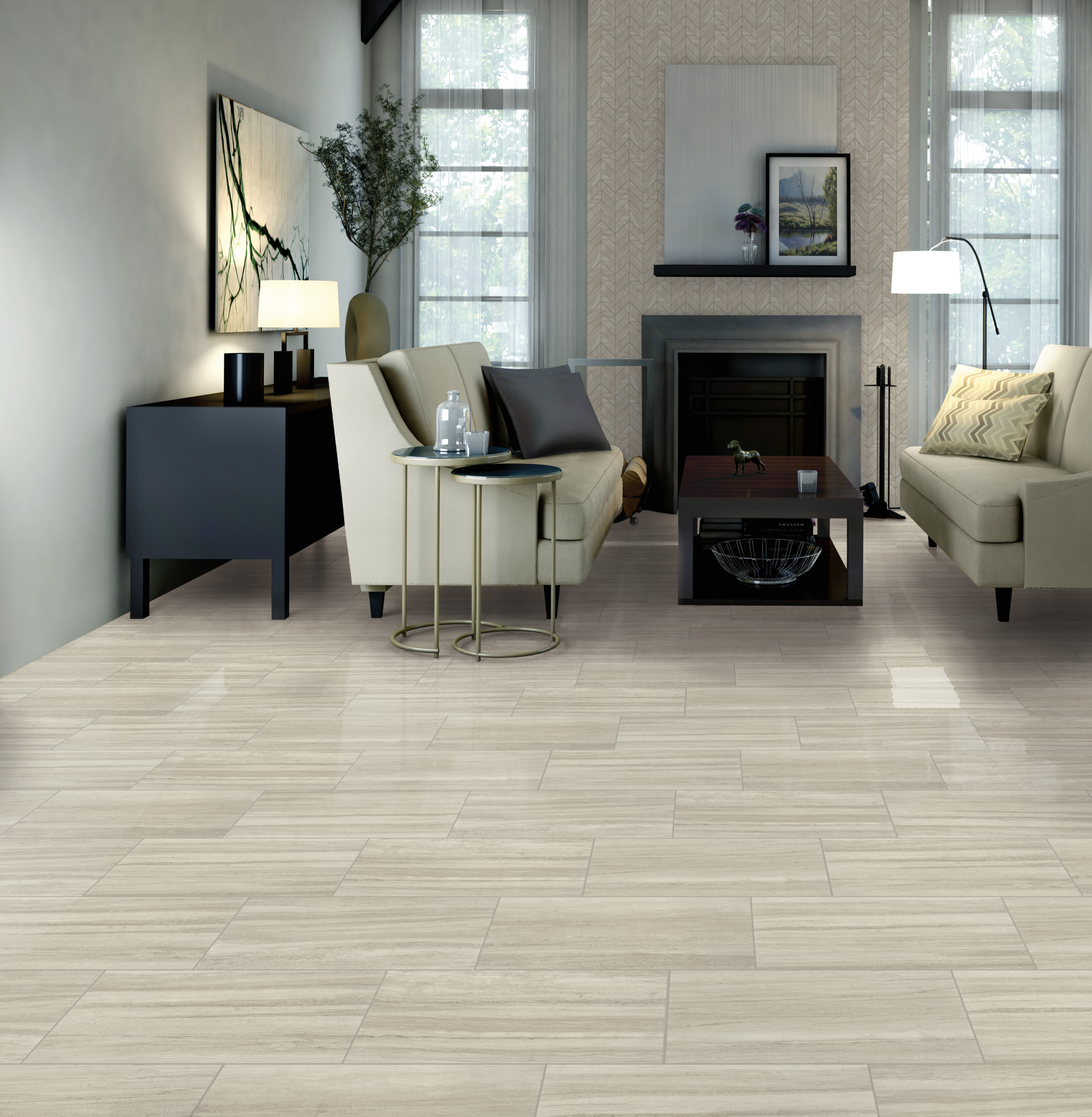Modern living room with beige sofas, fireplace, and glossy light tile flooring