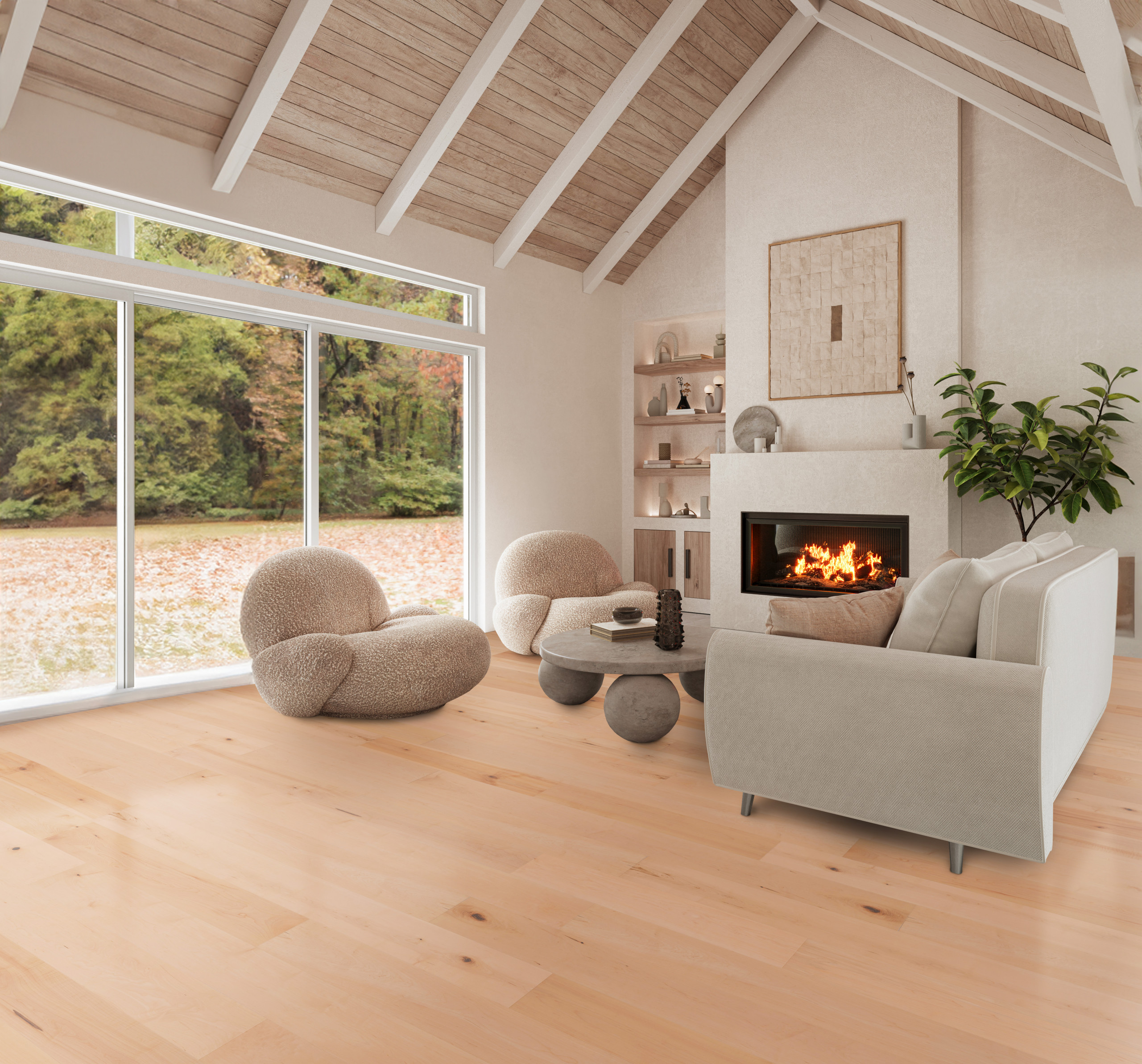 Cozy modern living room with vaulted ceiling, fireplace, and light wood flooring