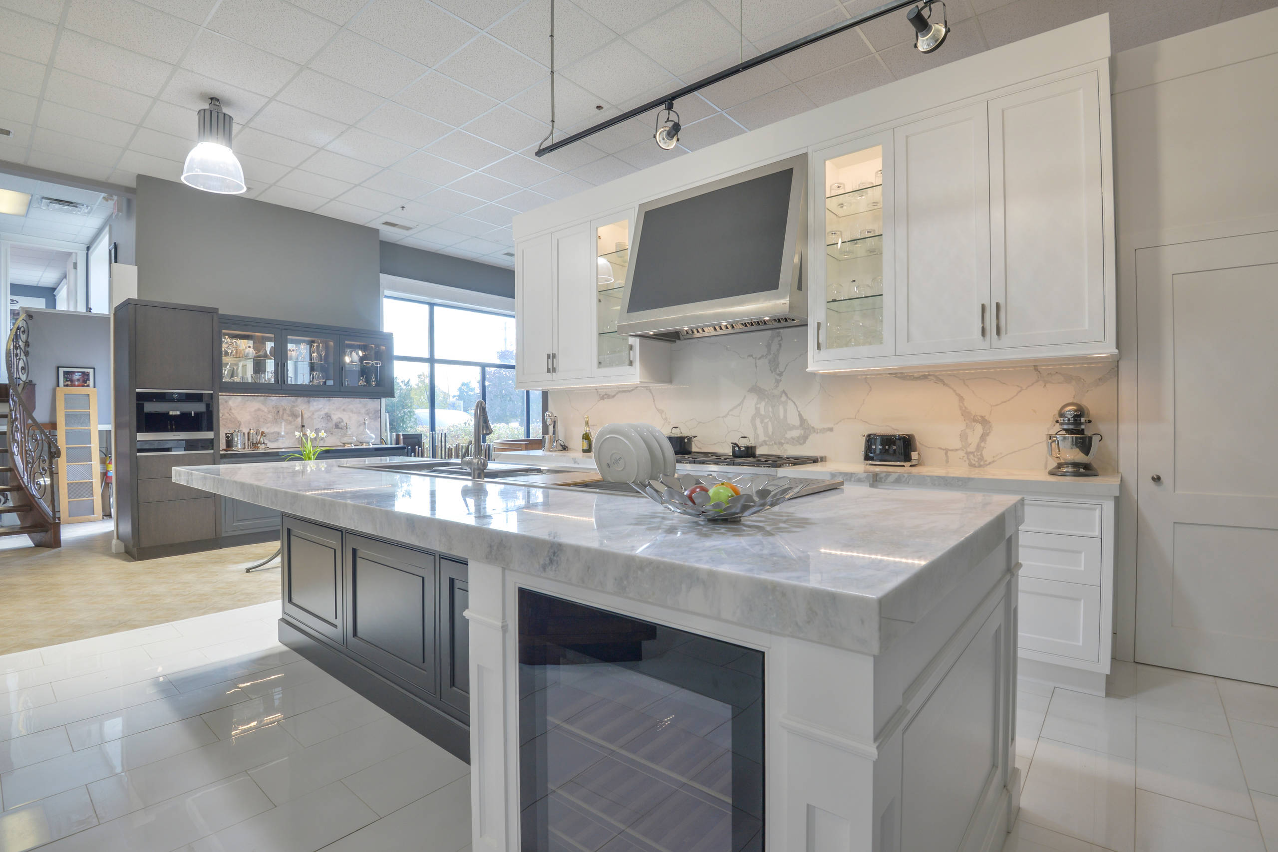 Modern kitchen with marble countertops and high-end appliances