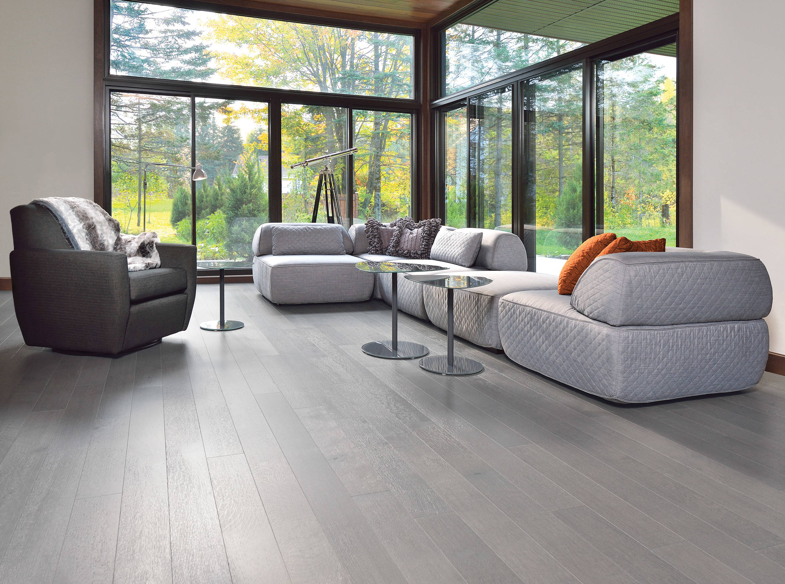 Modern living room with gray hardwood floors, large windows, and sectional sofa