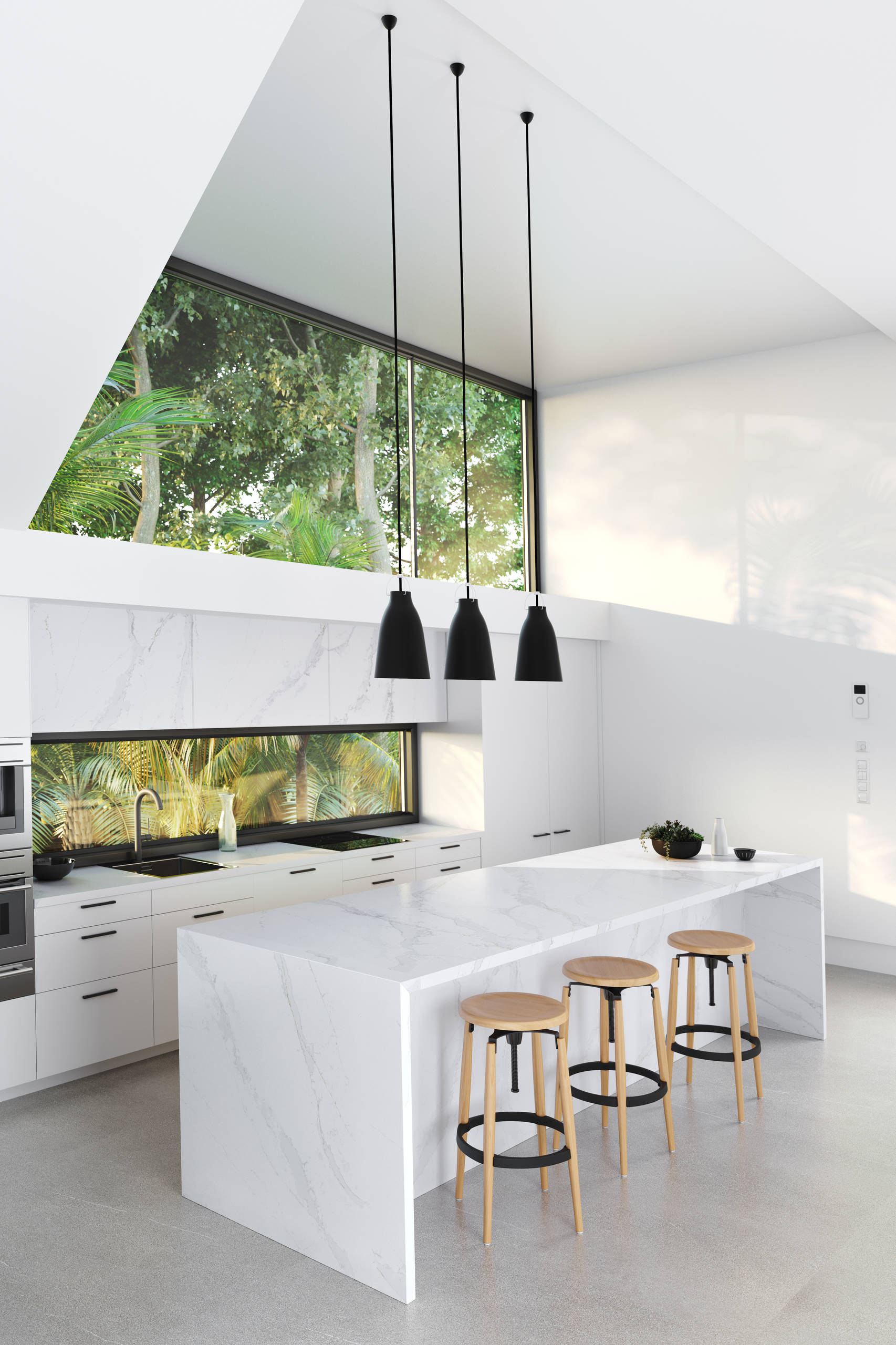 Minimalist modern kitchen with white marble island, black pendant lights, and large windows overlooking greenery.