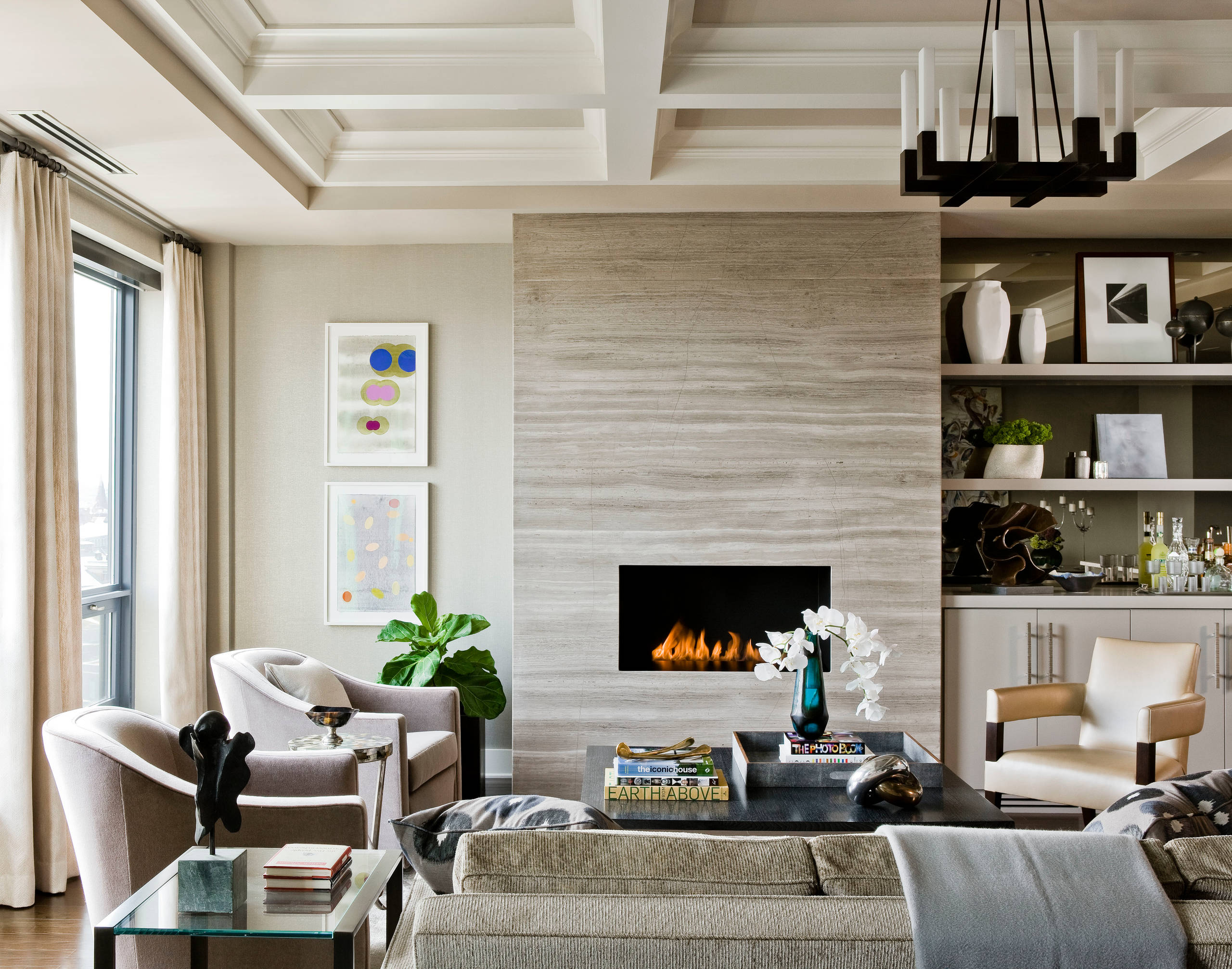 Modern living room with sleek fireplace and stylish decor